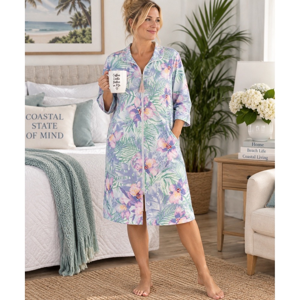 Miss Elaine Robe M Tropical Floral 100% Cotton Zip Front House Dress Pockets